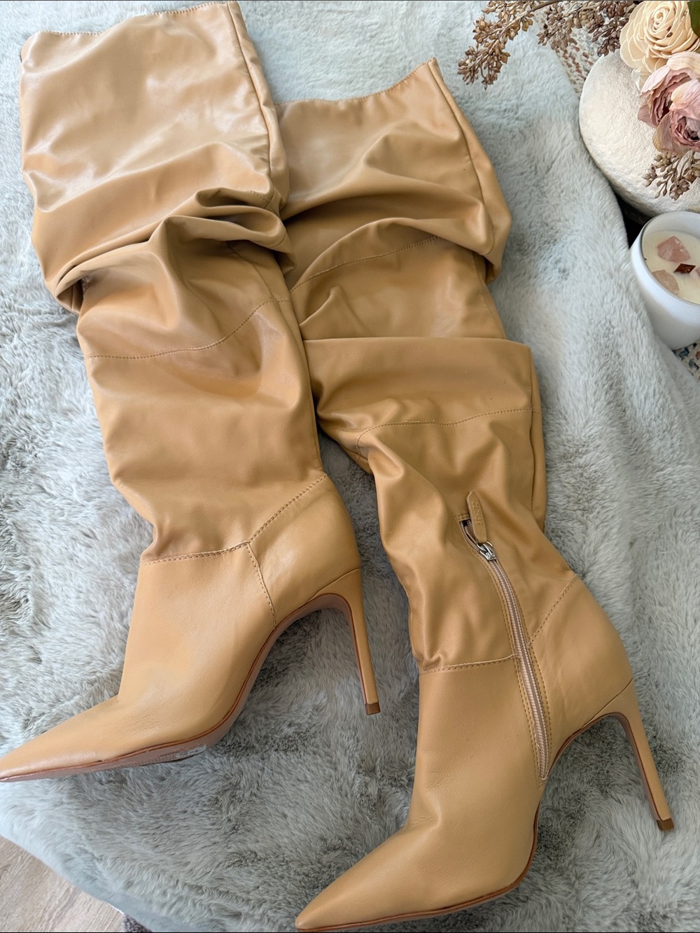Women's Tan Stiletto Knee-High Boots- Slouchy